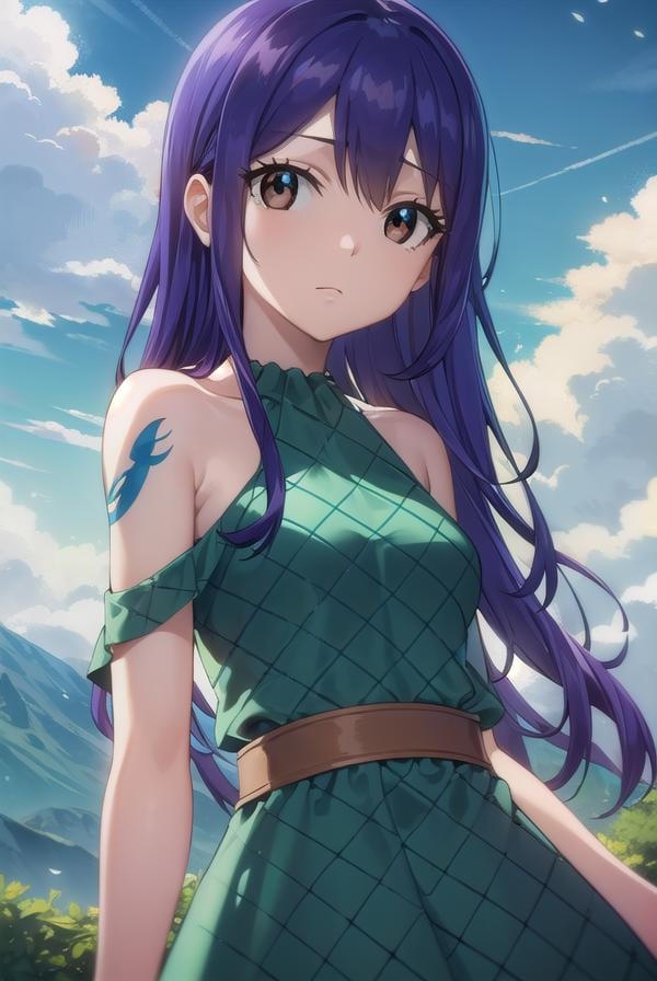 wendymarvell, <lora:wendy marvell-lora-nochekaiser:1>,wendy marvell, long hair, (brown eyes:1.5), (blue hair:1.5), hair between eyes,BREAK dress, sandals, (green dress:1.5), bare shoulders, armband, tattoo,BREAK outdoors, forest, nature, sky, sun, clouds,BREAK looking at viewer, (cowboy shot:1.5),BREAK <lyco:GoodHands-beta2:1>, (masterpiece:1.2), best quality, high resolution, unity 8k wallpaper, (illustration:0.8), (beautiful detailed eyes:1.6), extremely detailed face, perfect lighting, extremely detailed CG, (perfect hands, perfect anatomy),