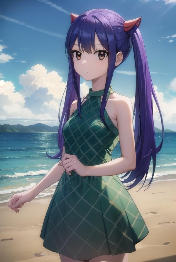 wendymarvell, <lora:wendy marvell-lora-nochekaiser:1>,wendy marvell, long hair, (brown eyes:1.5), (blue hair:1.5), hair between eyes, twintails, red hair ornament,BREAK dress, sandals, (green dress:1.5), bare shoulders, armband,BREAK outdoors, forest, nature, sky, sun, clouds,BREAK looking at viewer, (cowboy shot:1.5),BREAK <lyco:GoodHands-beta2:1>, (masterpiece:1.2), best quality, high resolution, unity 8k wallpaper, (illustration:0.8), (beautiful detailed eyes:1.6), extremely detailed face, perfect lighting, extremely detailed CG, (perfect hands, perfect anatomy),