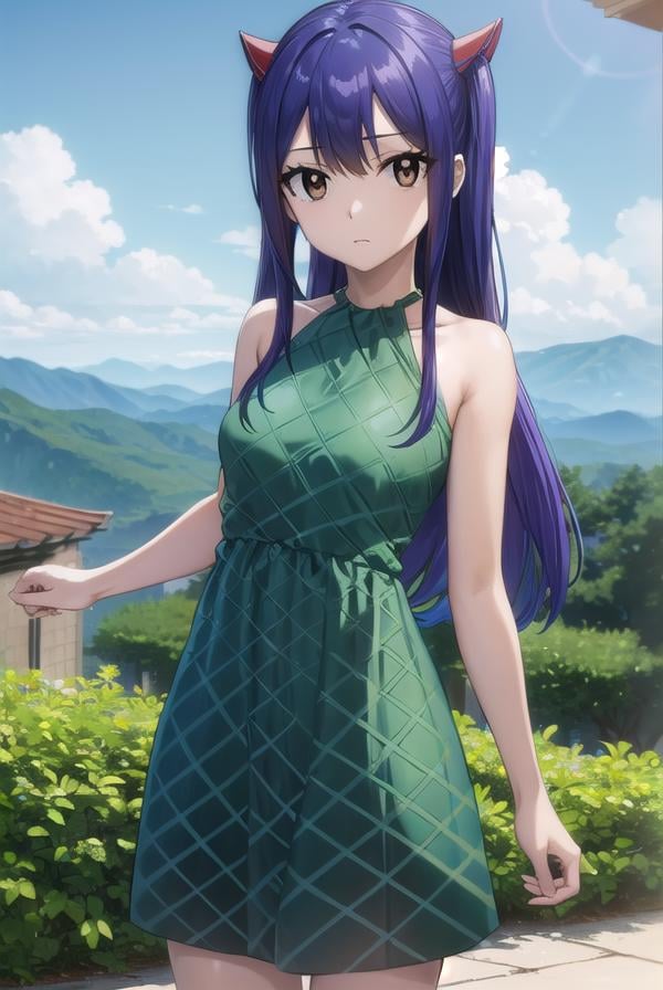 wendymarvell, <lora:wendy marvell-lora-nochekaiser:1>,wendy marvell, long hair, (brown eyes:1.5), (blue hair:1.5), hair between eyes, twintails, red hair ornament,BREAK dress, sandals, (green dress:1.5), bare shoulders, armband,BREAK outdoors, forest, nature, sky, sun, clouds,BREAK looking at viewer, (cowboy shot:1.5),BREAK <lyco:GoodHands-beta2:1>, (masterpiece:1.2), best quality, high resolution, unity 8k wallpaper, (illustration:0.8), (beautiful detailed eyes:1.6), extremely detailed face, perfect lighting, extremely detailed CG, (perfect hands, perfect anatomy),