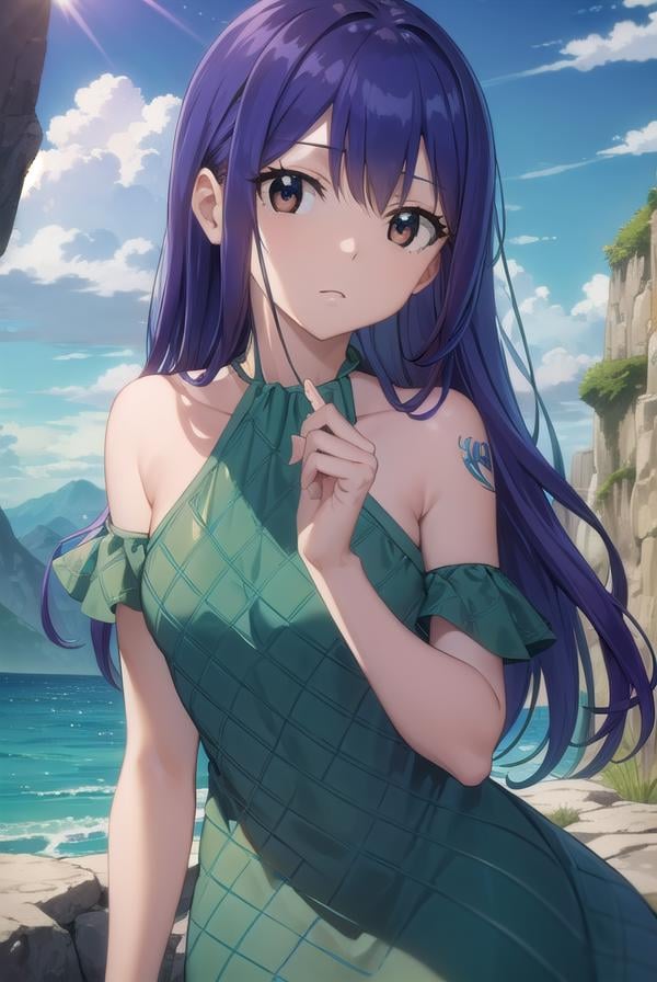 wendymarvell, <lora:wendy marvell-lora-nochekaiser:1>,wendy marvell, long hair, (brown eyes:1.5), (blue hair:1.5), hair between eyes,BREAK dress, sandals, (green dress:1.5), bare shoulders, armband, tattoo,BREAK outdoors, forest, nature, sky, sun, clouds,BREAK looking at viewer, (cowboy shot:1.5),BREAK <lyco:GoodHands-beta2:1>, (masterpiece:1.2), best quality, high resolution, unity 8k wallpaper, (illustration:0.8), (beautiful detailed eyes:1.6), extremely detailed face, perfect lighting, extremely detailed CG, (perfect hands, perfect anatomy),