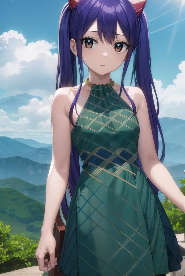 wendymarvell, <lora:wendy marvell-lora-nochekaiser:1>,wendy marvell, long hair, (brown eyes:1.5), (blue hair:1.5), hair between eyes, twintails, red hair ornament,BREAK dress, sandals, (green dress:1.5), bare shoulders, armband,BREAK outdoors, forest, nature, sky, sun, clouds,BREAK looking at viewer, (cowboy shot:1.5),BREAK <lyco:GoodHands-beta2:1>, (masterpiece:1.2), best quality, high resolution, unity 8k wallpaper, (illustration:0.8), (beautiful detailed eyes:1.6), extremely detailed face, perfect lighting, extremely detailed CG, (perfect hands, perfect anatomy),