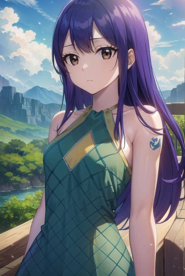 wendymarvell, <lora:wendy marvell-lora-nochekaiser:1>,wendy marvell, long hair, (brown eyes:1.5), (blue hair:1.5), hair between eyes,BREAK dress, sandals, (green dress:1.5), bare shoulders, armband, tattoo,BREAK outdoors, forest, nature, sky, sun, clouds,BREAK looking at viewer, (cowboy shot:1.5),BREAK <lyco:GoodHands-beta2:1>, (masterpiece:1.2), best quality, high resolution, unity 8k wallpaper, (illustration:0.8), (beautiful detailed eyes:1.6), extremely detailed face, perfect lighting, extremely detailed CG, (perfect hands, perfect anatomy),