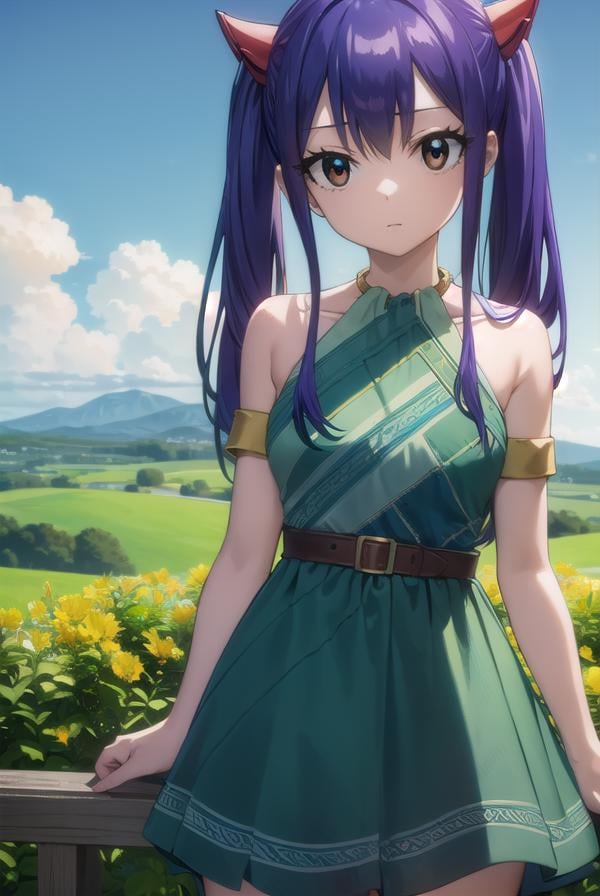 wendymarvell, <lora:wendy marvell-lora-nochekaiser:1>,wendy marvell, long hair, (brown eyes:1.5), (blue hair:1.5), hair between eyes, twintails, red hair ornament,BREAK dress, sandals, (green dress:1.5), bare shoulders, armband, tattoo,BREAK outdoors, forest, nature, sky, sun, clouds,BREAK looking at viewer, (cowboy shot:1.5),BREAK <lyco:GoodHands-beta2:1>, (masterpiece:1.2), best quality, high resolution, unity 8k wallpaper, (illustration:0.8), (beautiful detailed eyes:1.6), extremely detailed face, perfect lighting, extremely detailed CG, (perfect hands, perfect anatomy),