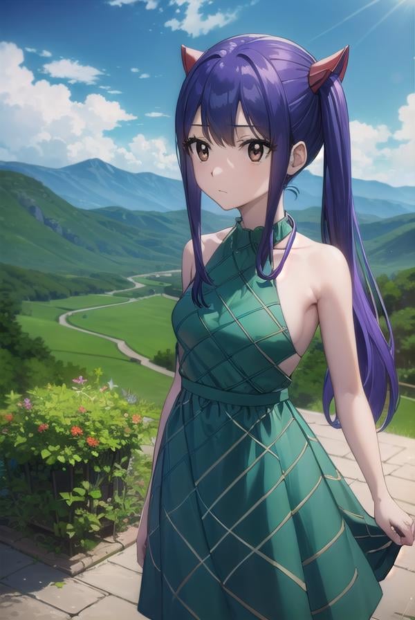 wendymarvell, <lora:wendy marvell-lora-nochekaiser:1>,wendy marvell, long hair, (brown eyes:1.5), (blue hair:1.5), hair between eyes, twintails, red hair ornament,BREAK dress, sandals, (green dress:1.5), bare shoulders, armband,BREAK outdoors, forest, nature, sky, sun, clouds,BREAK looking at viewer, (cowboy shot:1.5),BREAK <lyco:GoodHands-beta2:1>, (masterpiece:1.2), best quality, high resolution, unity 8k wallpaper, (illustration:0.8), (beautiful detailed eyes:1.6), extremely detailed face, perfect lighting, extremely detailed CG, (perfect hands, perfect anatomy),