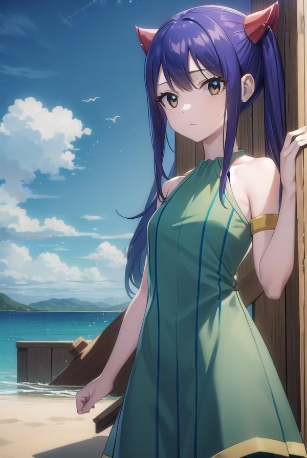 wendymarvell, <lora:wendy marvell-lora-nochekaiser:1>,wendy marvell, long hair, (brown eyes:1.5), (blue hair:1.5), hair between eyes, twintails, red hair ornament,BREAK dress, sandals, (green dress:1.5), bare shoulders, armband, tattoo,BREAK outdoors, forest, nature, sky, sun, clouds,BREAK looking at viewer, (cowboy shot:1.5),BREAK <lyco:GoodHands-beta2:1>, (masterpiece:1.2), best quality, high resolution, unity 8k wallpaper, (illustration:0.8), (beautiful detailed eyes:1.6), extremely detailed face, perfect lighting, extremely detailed CG, (perfect hands, perfect anatomy),