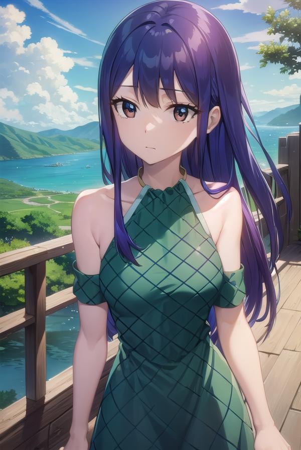 wendymarvell, <lora:wendy marvell-lora-nochekaiser:1>,wendy marvell, long hair, (brown eyes:1.5), (blue hair:1.5), hair between eyes,BREAK dress, sandals, (green dress:1.5), bare shoulders, armband, tattoo,BREAK outdoors, forest, nature, sky, sun, clouds,BREAK looking at viewer, (cowboy shot:1.5),BREAK <lyco:GoodHands-beta2:1>, (masterpiece:1.2), best quality, high resolution, unity 8k wallpaper, (illustration:0.8), (beautiful detailed eyes:1.6), extremely detailed face, perfect lighting, extremely detailed CG, (perfect hands, perfect anatomy),