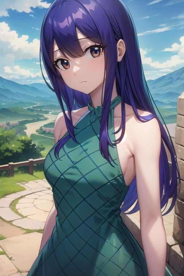 wendymarvell, <lora:wendy marvell-lora-nochekaiser:1>,wendy marvell, long hair, (brown eyes:1.5), (blue hair:1.5), hair between eyes,BREAK dress, sandals, (green dress:1.5), bare shoulders, armband, tattoo,BREAK outdoors, forest, nature, sky, sun, clouds,BREAK looking at viewer, (cowboy shot:1.5),BREAK <lyco:GoodHands-beta2:1>, (masterpiece:1.2), best quality, high resolution, unity 8k wallpaper, (illustration:0.8), (beautiful detailed eyes:1.6), extremely detailed face, perfect lighting, extremely detailed CG, (perfect hands, perfect anatomy),