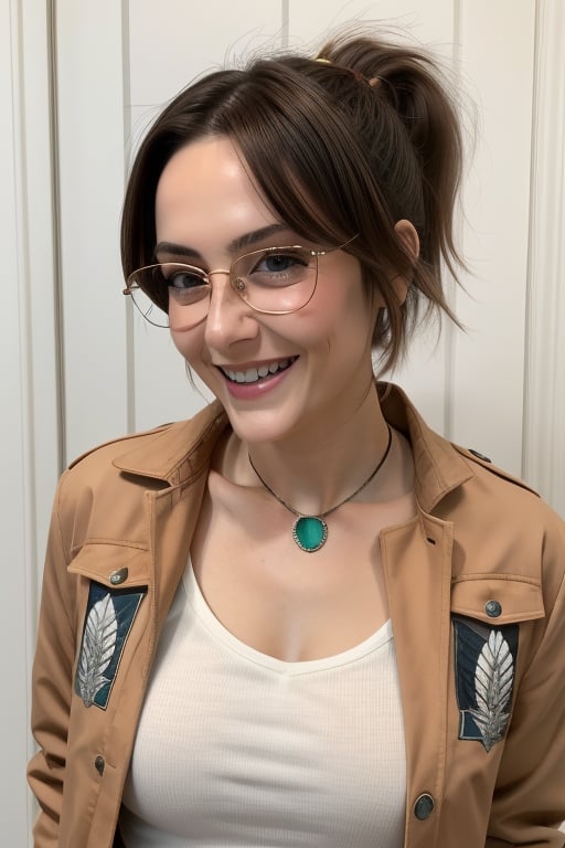 masterpiece,  best quality,  Juliahange,  happy,  1girl,  brown eyes,  chestnut hair,  ponytail,  short hair,  hair pulled back, Cinnamon jacket, top white, glasses