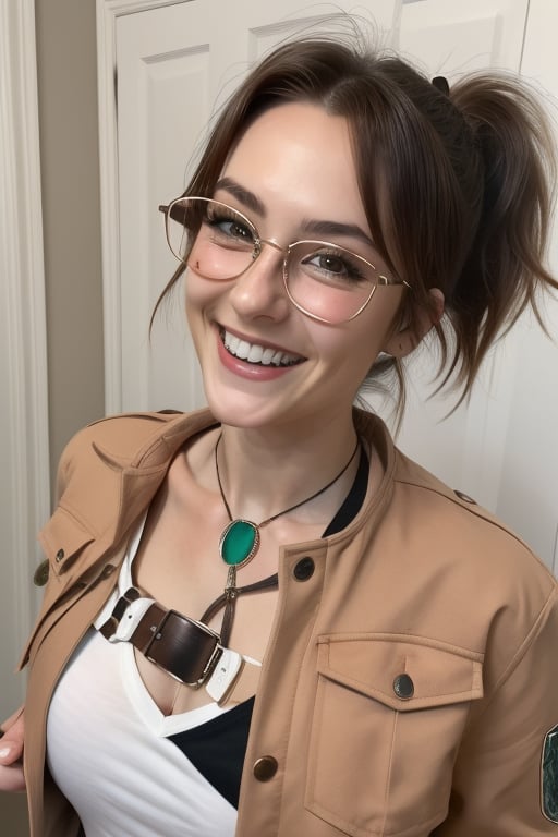 masterpiece,  best quality,  Juliahange,  happy,  1girl,  brown eyes,  chestnut hair,  ponytail,  short hair,  hair pulled back, Cinnamon jacket, top white, glasses