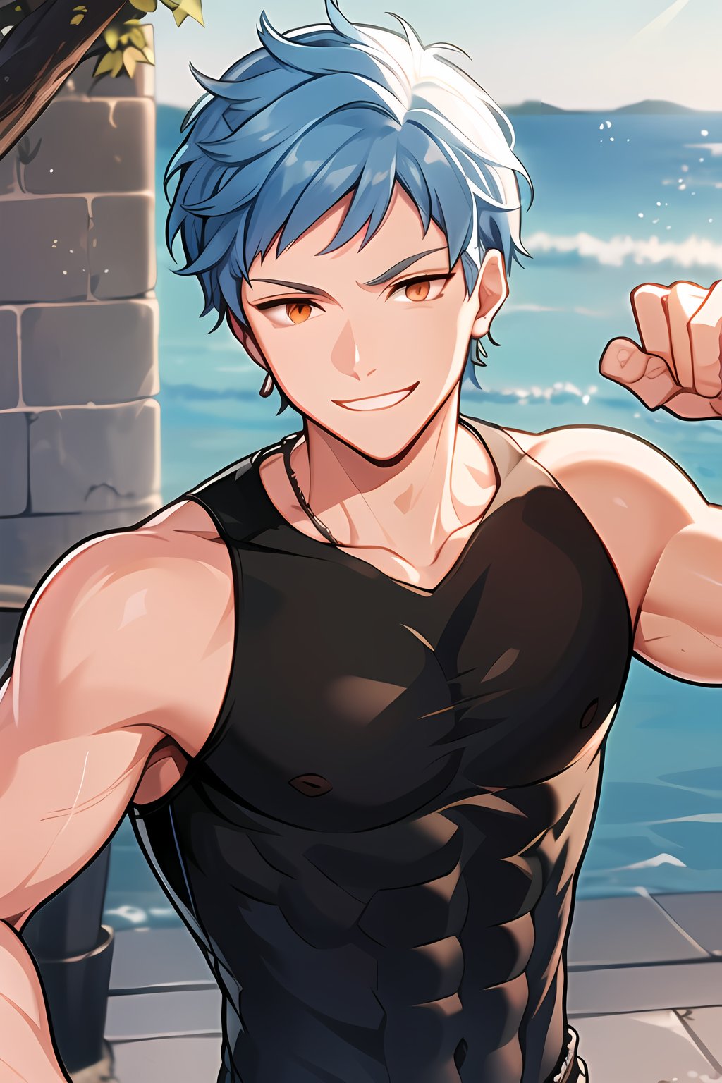 masterpiece, best quality,Looking at viewer, solo, male, outdoors, smile, upper_body, Asch_Albright, blue hair,Orange eyes, arm muscles, abs, pectoralis, muscle,black sleeveless_shirt,