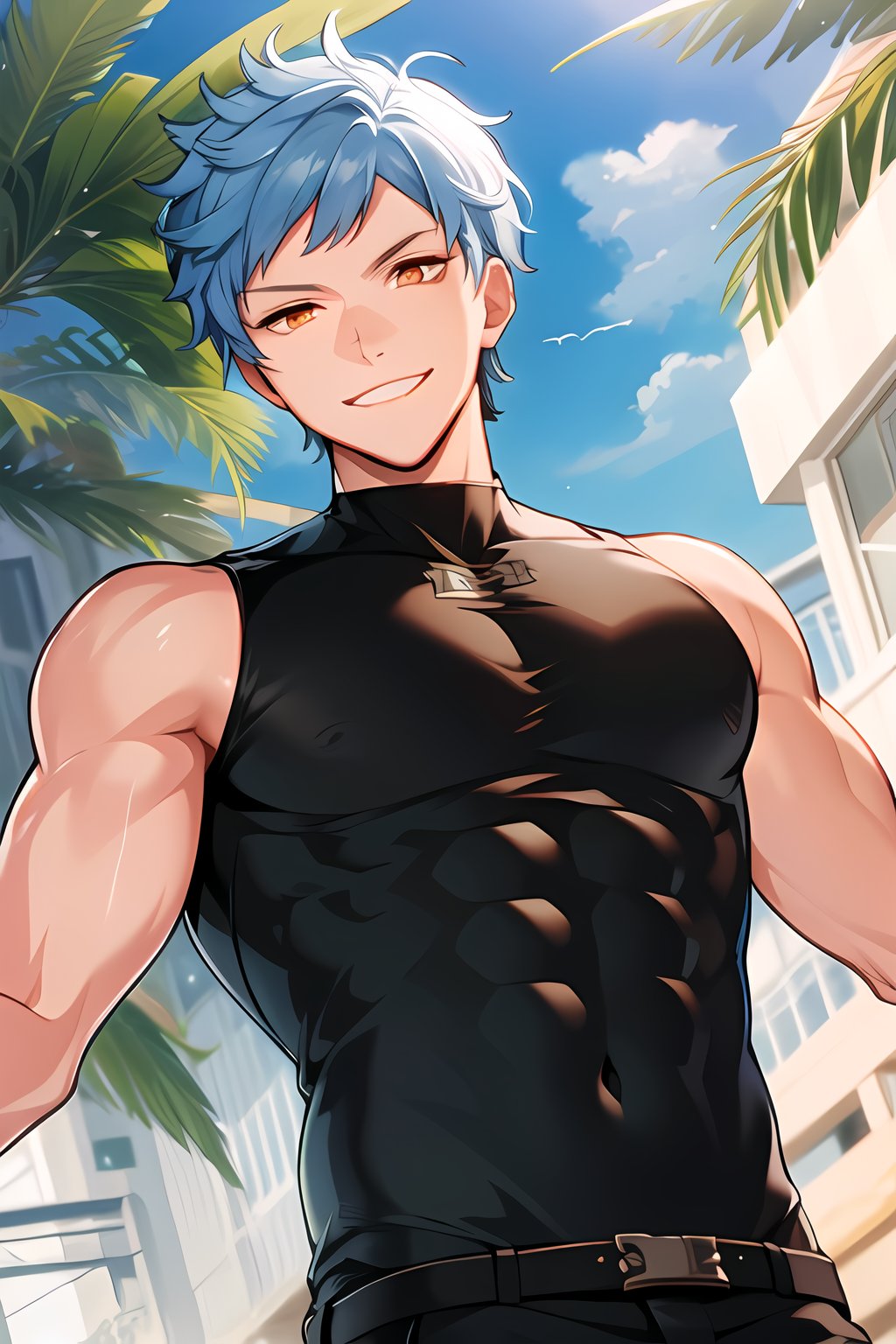 masterpiece, best quality,Looking at viewer, solo, male, outdoors, smile, upper_body, Asch_Albright, blue hair,Orange eyes, black sleeveless_shirt, from below, abs, pectoralis,