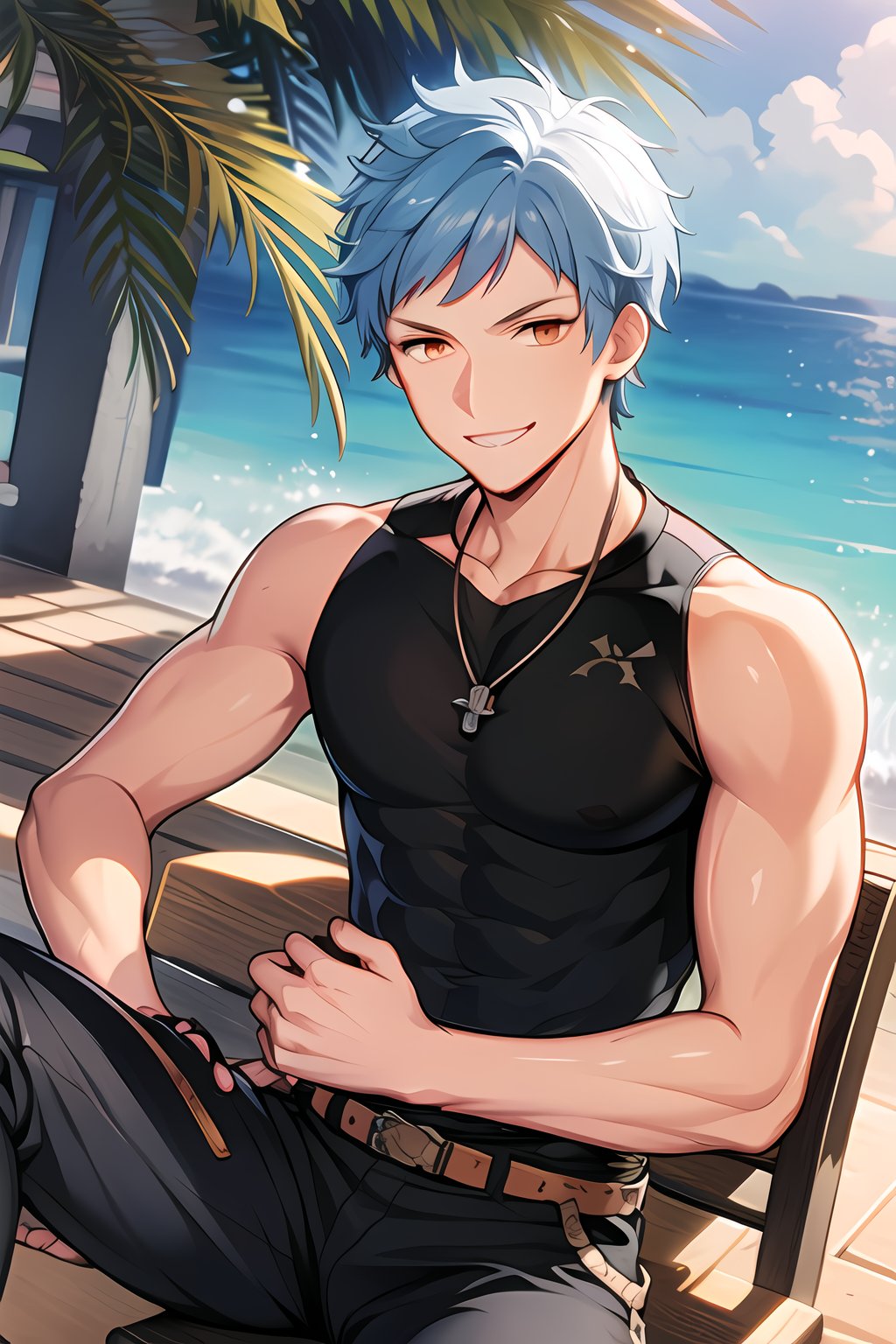 masterpiece, best quality,Looking at viewer, solo, male, outdoors, smile, upper_body, Asch_Albright, blue hair,Orange eyes, abs, pectoralis, muscle,black sleeveless_shirt, sitting, 