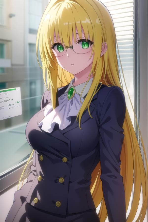 tearjulunatique, <lora:tearju lunatique darkness-lora-nochekaiser:1>,tearju lunatique, long hair, blonde hair, (green eyes:1.5), sidelocks, glasses,BREAK shirt, collared shirt, white shirt, suit, formal suit, long sleeves, ascot, white ascot, gemstone, green gemstone, skirt, pencil skirt,BREAK indoors, classroom,BREAK looking at viewer, (cowboy shot:1.5),BREAK <lyco:GoodHands-beta2:1>, (masterpiece:1.2), best quality, high resolution, unity 8k wallpaper, (illustration:0.8), (beautiful detailed eyes:1.6), extremely detailed face, perfect lighting, extremely detailed CG, (perfect hands, perfect anatomy),