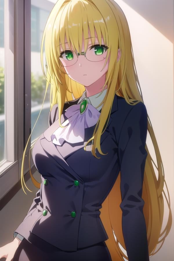 tearjulunatique, <lora:tearju lunatique darkness-lora-nochekaiser:1>,tearju lunatique, long hair, blonde hair, (green eyes:1.5), sidelocks, glasses,BREAK shirt, collared shirt, white shirt, suit, formal suit, long sleeves, ascot, white ascot, gemstone, green gemstone, skirt, pencil skirt,BREAK indoors, classroom,BREAK looking at viewer, (cowboy shot:1.5),BREAK <lyco:GoodHands-beta2:1>, (masterpiece:1.2), best quality, high resolution, unity 8k wallpaper, (illustration:0.8), (beautiful detailed eyes:1.6), extremely detailed face, perfect lighting, extremely detailed CG, (perfect hands, perfect anatomy),