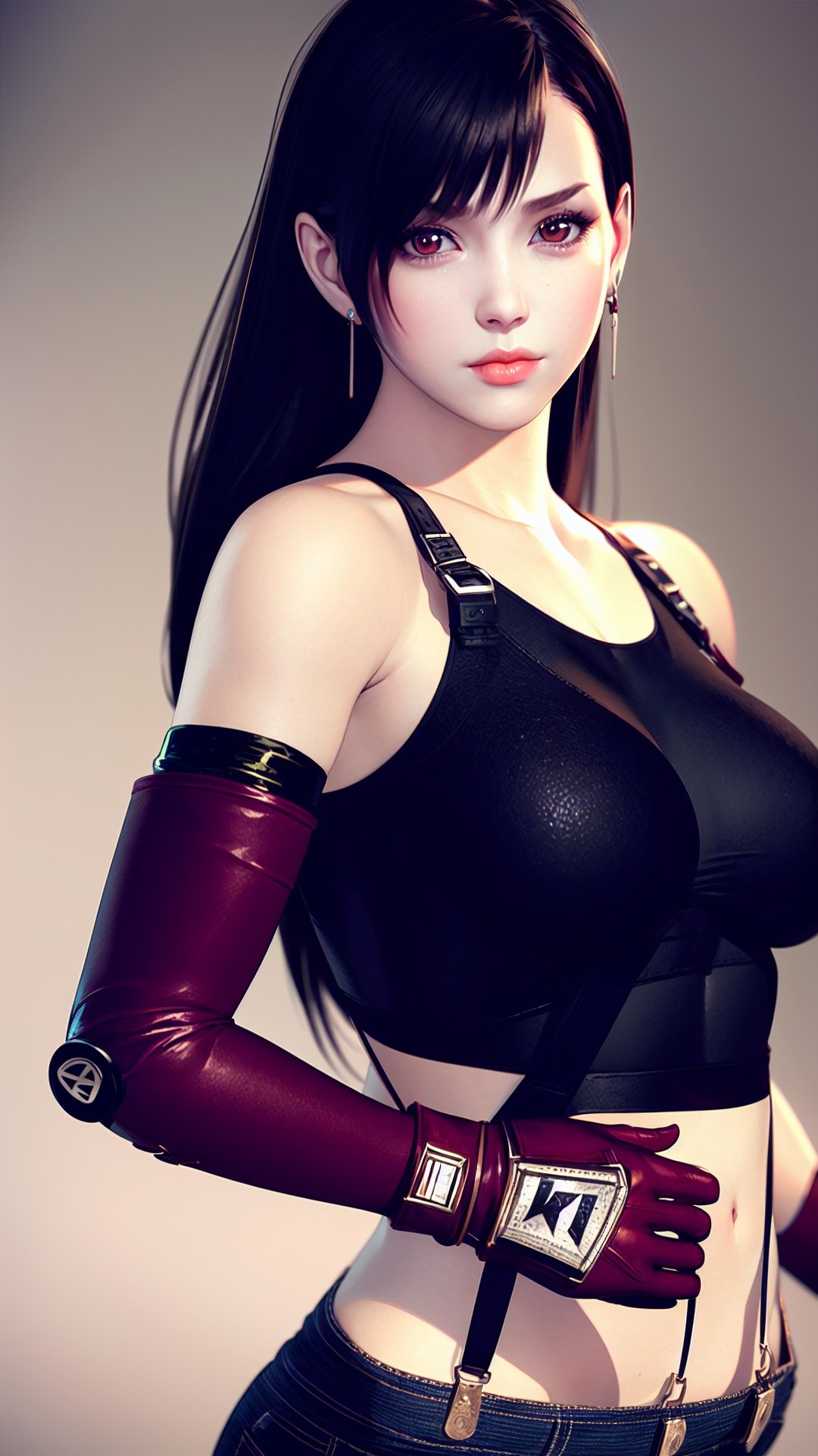  realistic,octane render,1girl, tifa lockhart, solo, long hair, earrings, jewelry, crop top, suspenders, black hair, breasts, looking at viewer, upper body, white tank top, tank top, bangs, midriff, brown eyes, gloves, bare shoulders, shirt, elbow gloves, sleeveless, blue background