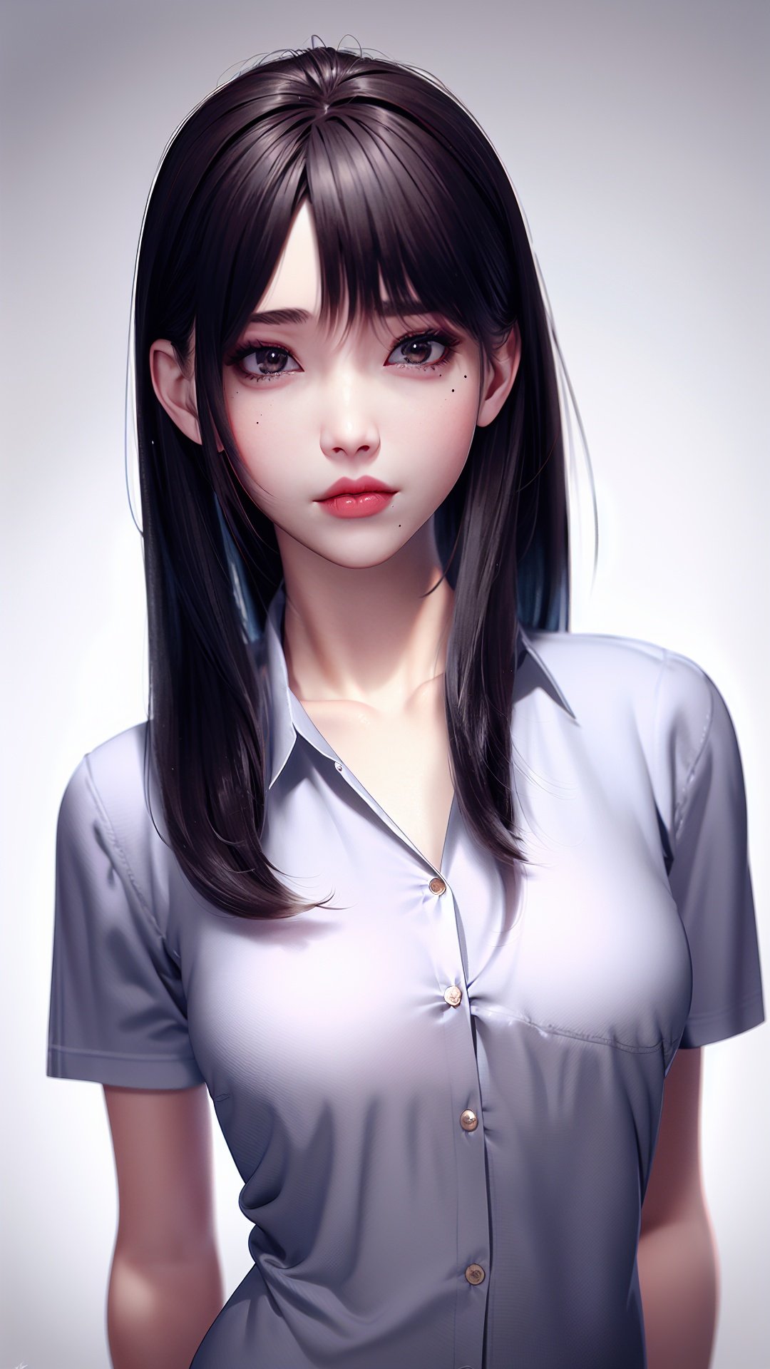  realistic,octane render,1girl, solo, black hair, shirt, looking at viewer, black background, realistic, upper body, long hair, bangs, mole under eye, simple background, white shirt, brown eyes, short sleeves, collared shirt, mole, signature