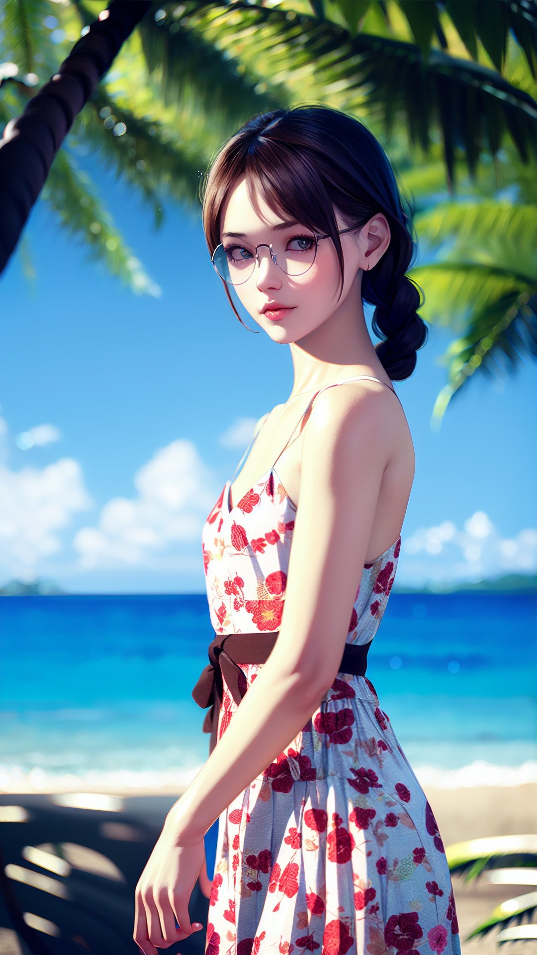  realistic,octane render,1girl, solo, breasts, dress, outdoors, looking at viewer, glasses, brown hair, braid, floral print, day, sleeveless dress, print dress, beach, ocean, collarbone, realistic, twin braids, cowboy shot, lips, blurry, long hair, small breasts, tree, sleeveless