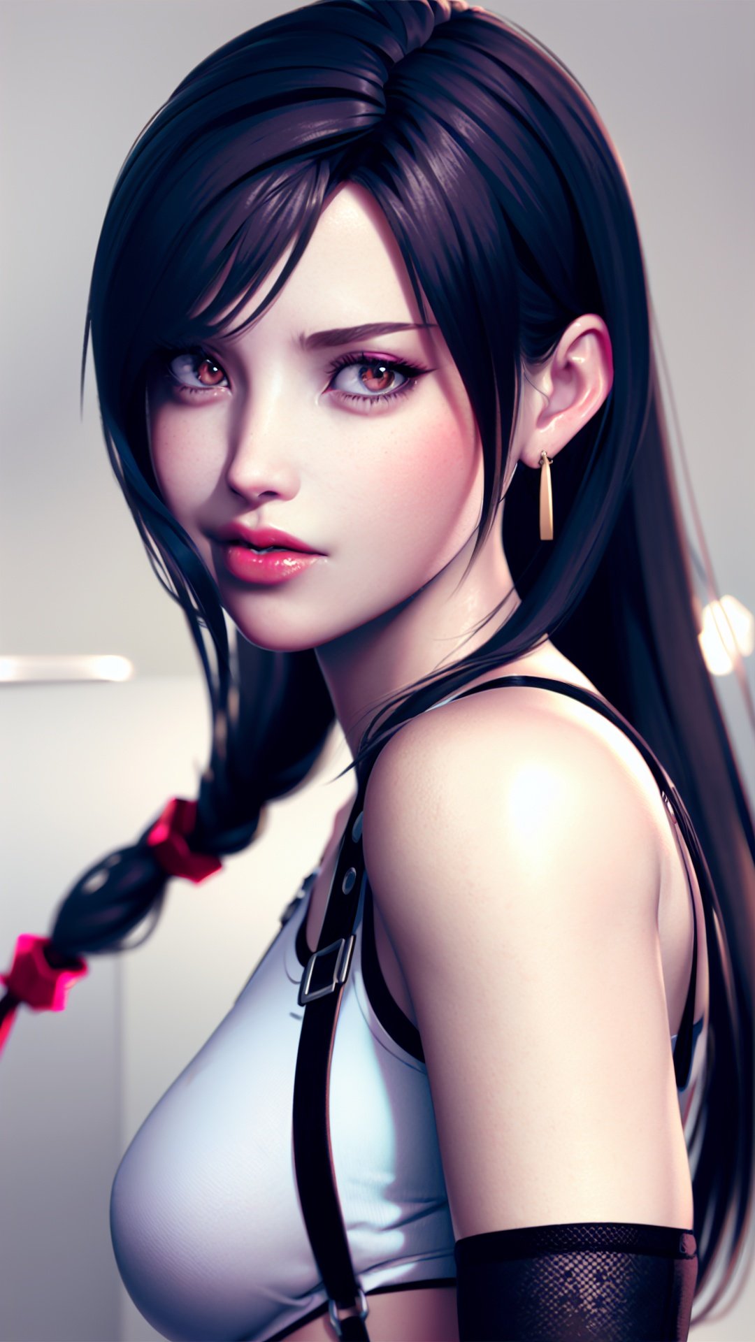  realistic,octane render,1girl, tifa lockhart, solo, long hair, earrings, jewelry, crop top, suspenders, black hair, breasts, looking at viewer, upper body, white tank top, tank top, bangs, midriff, brown eyes, gloves, bare shoulders, shirt, elbow gloves, sleeveless, blue background