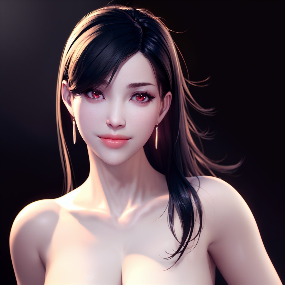  realistic,octane render,(((black background))), 1girl,white skin, tifa lockhart, solo, earrings, jewelry, long hair, black hair, breasts, looking at viewer, nude, cleavage, upper body, bangs, realistic, smile, red eyes, swept bangs, lips, fingernails, closed mouth, collarbone,