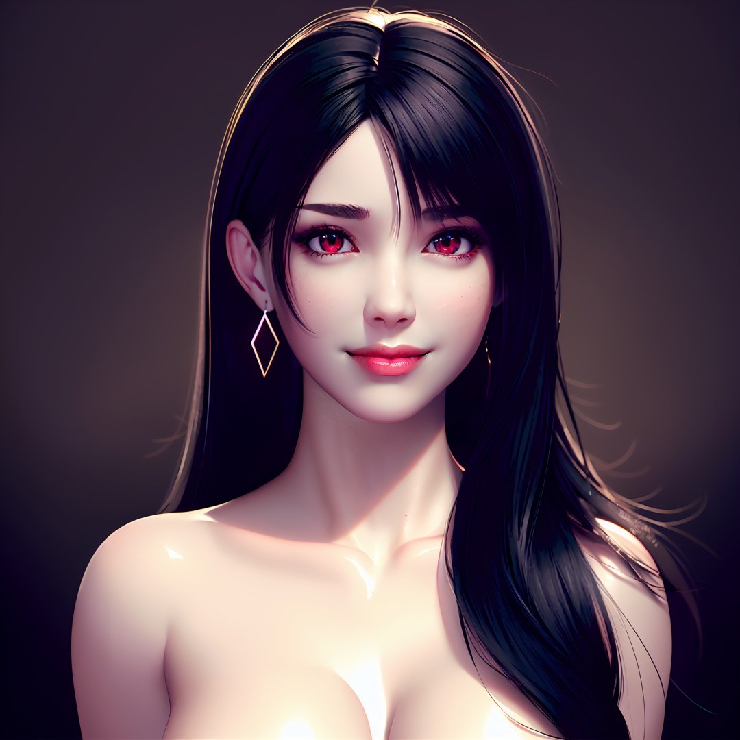  realistic,octane render,(((black background))), 1girl,white skin, tifa lockhart, solo, earrings, jewelry, long hair, black hair, breasts, looking at viewer, nude, cleavage, upper body, bangs, realistic, smile, red eyes, swept bangs, lips, fingernails, closed mouth, collarbone,