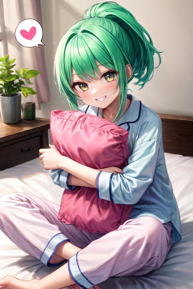 masterpiece, best quality, absurdres, extremely detailed, illustration, cute, perfect lighting, <lora:pillow_v3-000010:1>, pillow hug, sitting, indian style, 1girl, solo, smile, grin, pajamas, pillow, spoken heart, ponytail, 