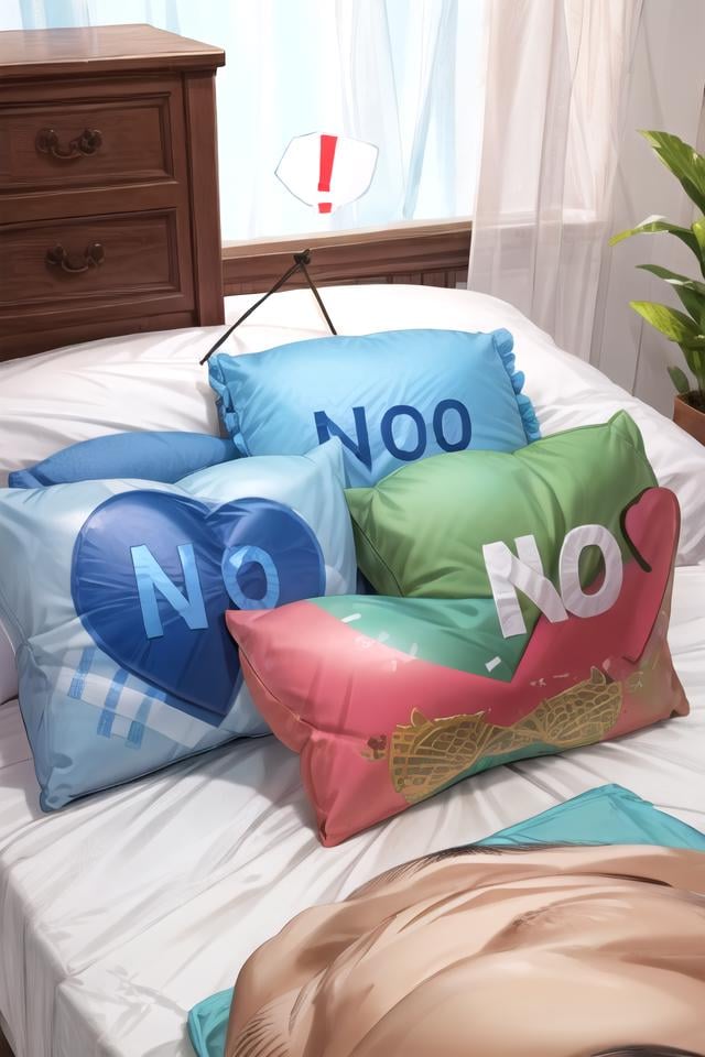 masterpiece, best quality, absurdres, extremely detailed, illustration, cute, perfect lighting, <lora:pillow_v3-000010:1>, no-pillow, 1boy, fat, ugly man, spoken exclamation mark, from behind, back