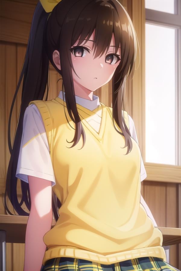 rinkujou, <lora:rin kujou darkness-lora-nochekaiser:1>,rin kujou, long hair, black hair, (brown eyes:1.5), ponytail,BREAK green skirt, plaid, plaid skirt, sainan high school uniform, school uniform, skirt, sweater vest, thighhighs, (yellow sweater:1.5), short sleeves, bow, green bow,BREAK indoors, classroom,BREAK looking at viewer, (cowboy shot:1.5),BREAK <lyco:GoodHands-beta2:1>, (masterpiece:1.2), best quality, high resolution, unity 8k wallpaper, (illustration:0.8), (beautiful detailed eyes:1.6), extremely detailed face, perfect lighting, extremely detailed CG, (perfect hands, perfect anatomy),