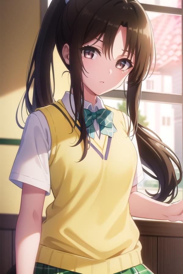 rinkujou, <lora:rin kujou darkness-lora-nochekaiser:1>,rin kujou, long hair, black hair, (brown eyes:1.5), (ponytail:1.5), (parted bangs:1.5), sidelocks, hair intakes,BREAK green skirt, plaid, plaid skirt, sainan high school uniform, school uniform, skirt, sweater vest, thighhighs, (yellow sweater:1.5), short sleeves, bow, green bow,BREAK indoors, classroom,BREAK looking at viewer, (cowboy shot:1.5),BREAK <lyco:GoodHands-beta2:1>, (masterpiece:1.2), best quality, high resolution, unity 8k wallpaper, (illustration:0.8), (beautiful detailed eyes:1.6), extremely detailed face, perfect lighting, extremely detailed CG, (perfect hands, perfect anatomy),