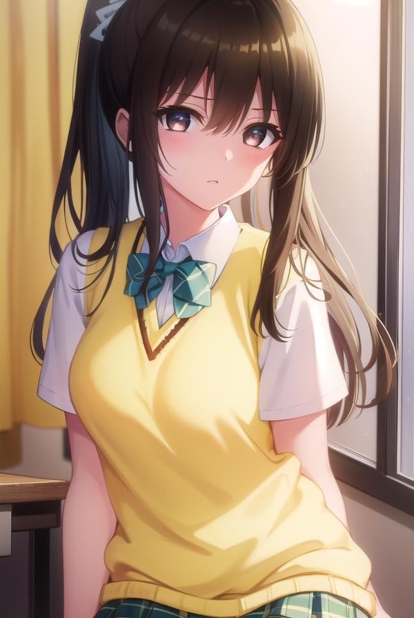 rinkujou, <lora:rin kujou darkness-lora-nochekaiser:1>,rin kujou, long hair, brown hair, (brown eyes:1.5), ponytail,BREAK green skirt, plaid, plaid skirt, sainan high school uniform, school uniform, skirt, sweater vest, thighhighs, (yellow sweater:1.5), short sleeves, bow, green bow,BREAK indoors, classroom,BREAK looking at viewer, (cowboy shot:1.5),BREAK <lyco:GoodHands-beta2:1>, (masterpiece:1.2), best quality, high resolution, unity 8k wallpaper, (illustration:0.8), (beautiful detailed eyes:1.6), extremely detailed face, perfect lighting, extremely detailed CG, (perfect hands, perfect anatomy),