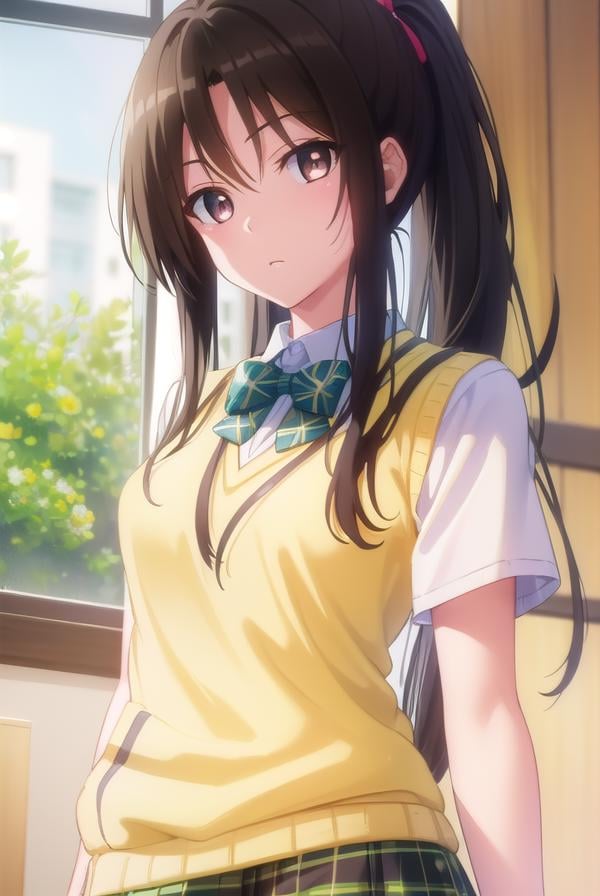 rinkujou, <lora:rin kujou darkness-lora-nochekaiser:1>,rin kujou, long hair, black hair, (brown eyes:1.5), ponytail, (parted bangs:1.5),BREAK green skirt, plaid, plaid skirt, sainan high school uniform, school uniform, skirt, sweater vest, thighhighs, (yellow sweater:1.5), short sleeves, bow, green bow,BREAK indoors, classroom,BREAK looking at viewer, (cowboy shot:1.5),BREAK <lyco:GoodHands-beta2:1>, (masterpiece:1.2), best quality, high resolution, unity 8k wallpaper, (illustration:0.8), (beautiful detailed eyes:1.6), extremely detailed face, perfect lighting, extremely detailed CG, (perfect hands, perfect anatomy),