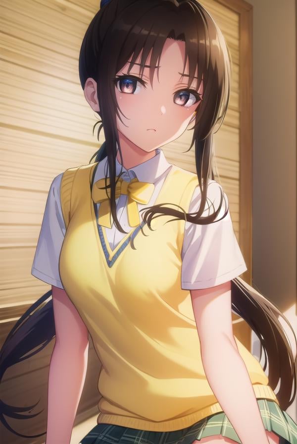 rinkujou, <lora:rin kujou darkness-lora-nochekaiser:1>,rin kujou, long hair, black hair, (brown eyes:1.5), (ponytail:1.5), (parted bangs:1.5), sidelocks, hair intakes,BREAK green skirt, plaid, plaid skirt, sainan high school uniform, school uniform, skirt, sweater vest, thighhighs, (yellow sweater:1.5), short sleeves, bow, green bow,BREAK indoors, classroom,BREAK looking at viewer, (cowboy shot:1.5),BREAK <lyco:GoodHands-beta2:1>, (masterpiece:1.2), best quality, high resolution, unity 8k wallpaper, (illustration:0.8), (beautiful detailed eyes:1.6), extremely detailed face, perfect lighting, extremely detailed CG, (perfect hands, perfect anatomy),