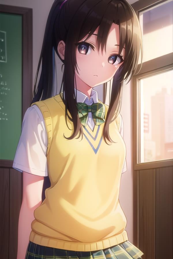 rinkujou, <lora:rin kujou darkness-lora-nochekaiser:1>,rin kujou, long hair, black hair, (brown eyes:1.5), ponytail, (parted bangs:1.5),BREAK green skirt, plaid, plaid skirt, sainan high school uniform, school uniform, skirt, sweater vest, thighhighs, (yellow sweater:1.5), short sleeves, bow, green bow,BREAK indoors, classroom,BREAK looking at viewer, (cowboy shot:1.5),BREAK <lyco:GoodHands-beta2:1>, (masterpiece:1.2), best quality, high resolution, unity 8k wallpaper, (illustration:0.8), (beautiful detailed eyes:1.6), extremely detailed face, perfect lighting, extremely detailed CG, (perfect hands, perfect anatomy),