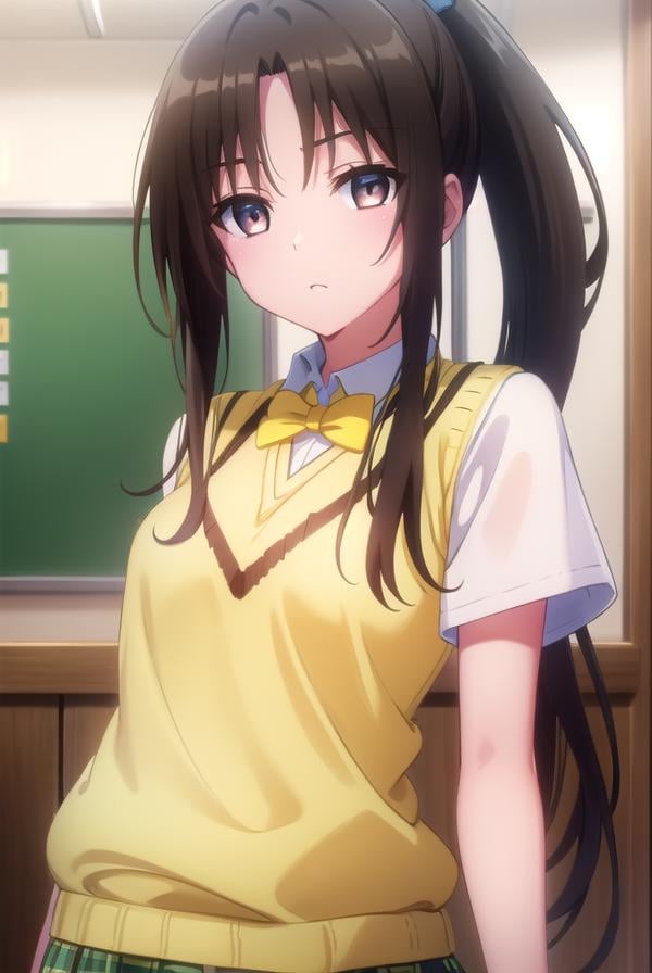 rinkujou, <lora:rin kujou darkness-lora-nochekaiser:1>,rin kujou, long hair, black hair, (brown eyes:1.5), (ponytail:1.5), (parted bangs:1.5), sidelocks, hair intakes,BREAK green skirt, plaid, plaid skirt, sainan high school uniform, school uniform, skirt, sweater vest, thighhighs, (yellow sweater:1.5), short sleeves, bow, green bow,BREAK indoors, classroom,BREAK looking at viewer, (cowboy shot:1.5),BREAK <lyco:GoodHands-beta2:1>, (masterpiece:1.2), best quality, high resolution, unity 8k wallpaper, (illustration:0.8), (beautiful detailed eyes:1.6), extremely detailed face, perfect lighting, extremely detailed CG, (perfect hands, perfect anatomy),