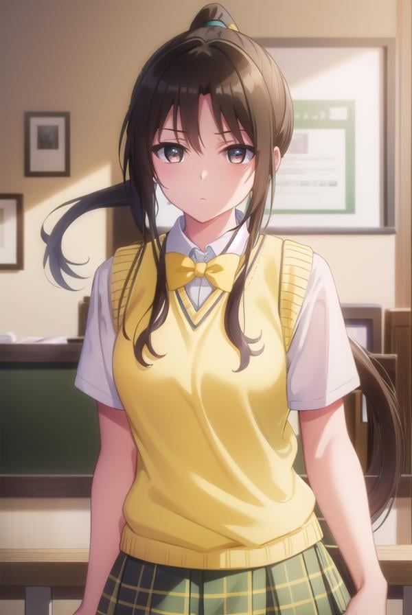 rinkujou, <lora:rin kujou darkness-lora-nochekaiser:1>,rin kujou, long hair, black hair, (brown eyes:1.5), (ponytail:1.5), (parted bangs:1.5), sidelocks, hair intakes,BREAK green skirt, plaid, plaid skirt, sainan high school uniform, school uniform, skirt, sweater vest, thighhighs, (yellow sweater:1.5), short sleeves, bow, green bow,BREAK indoors, classroom,BREAK looking at viewer, (cowboy shot:1.5),BREAK <lyco:GoodHands-beta2:1>, (masterpiece:1.2), best quality, high resolution, unity 8k wallpaper, (illustration:0.8), (beautiful detailed eyes:1.6), extremely detailed face, perfect lighting, extremely detailed CG, (perfect hands, perfect anatomy),