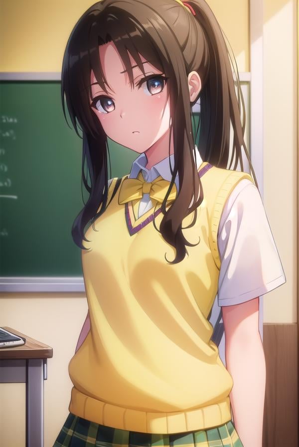 rinkujou, <lora:rin kujou darkness-lora-nochekaiser:1>,rin kujou, long hair, black hair, (brown eyes:1.5), ponytail, (parted bangs:1.5),BREAK green skirt, plaid, plaid skirt, sainan high school uniform, school uniform, skirt, sweater vest, thighhighs, (yellow sweater:1.5), short sleeves, bow, green bow,BREAK indoors, classroom,BREAK looking at viewer, (cowboy shot:1.5),BREAK <lyco:GoodHands-beta2:1>, (masterpiece:1.2), best quality, high resolution, unity 8k wallpaper, (illustration:0.8), (beautiful detailed eyes:1.6), extremely detailed face, perfect lighting, extremely detailed CG, (perfect hands, perfect anatomy),