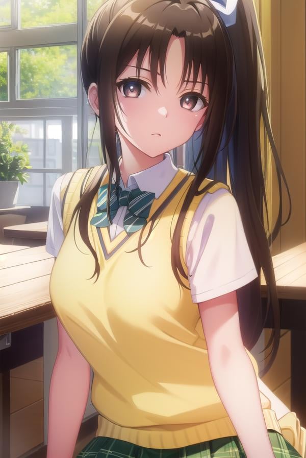 rinkujou, <lora:rin kujou darkness-lora-nochekaiser:1>,rin kujou, long hair, brown hair, (brown eyes:1.5), ponytail,BREAK green skirt, plaid, plaid skirt, sainan high school uniform, school uniform, skirt, sweater vest, thighhighs, (yellow sweater:1.5), short sleeves, bow, green bow,BREAK indoors, classroom,BREAK looking at viewer, (cowboy shot:1.5),BREAK <lyco:GoodHands-beta2:1>, (masterpiece:1.2), best quality, high resolution, unity 8k wallpaper, (illustration:0.8), (beautiful detailed eyes:1.6), extremely detailed face, perfect lighting, extremely detailed CG, (perfect hands, perfect anatomy),