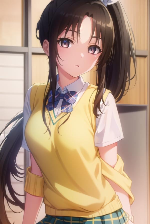 rinkujou, <lora:rin kujou darkness-lora-nochekaiser:1>,rin kujou, long hair, black hair, (brown eyes:1.5), (ponytail:1.5), (parted bangs:1.5), sidelocks, hair intakes,BREAK green skirt, plaid, plaid skirt, sainan high school uniform, school uniform, skirt, sweater vest, thighhighs, (yellow sweater:1.5), short sleeves, bow, green bow,BREAK indoors, classroom,BREAK looking at viewer, (cowboy shot:1.5),BREAK <lyco:GoodHands-beta2:1>, (masterpiece:1.2), best quality, high resolution, unity 8k wallpaper, (illustration:0.8), (beautiful detailed eyes:1.6), extremely detailed face, perfect lighting, extremely detailed CG, (perfect hands, perfect anatomy),