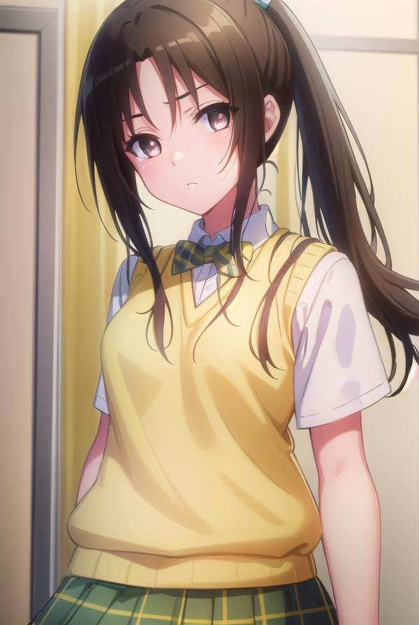 rinkujou, <lora:rin kujou darkness-lora-nochekaiser:1>,rin kujou, long hair, black hair, (brown eyes:1.5), (ponytail:1.5), (parted bangs:1.5), sidelocks, hair intakes,BREAK green skirt, plaid, plaid skirt, sainan high school uniform, school uniform, skirt, sweater vest, thighhighs, (yellow sweater:1.5), short sleeves, bow, green bow,BREAK indoors, classroom,BREAK looking at viewer, (cowboy shot:1.5),BREAK <lyco:GoodHands-beta2:1>, (masterpiece:1.2), best quality, high resolution, unity 8k wallpaper, (illustration:0.8), (beautiful detailed eyes:1.6), extremely detailed face, perfect lighting, extremely detailed CG, (perfect hands, perfect anatomy),