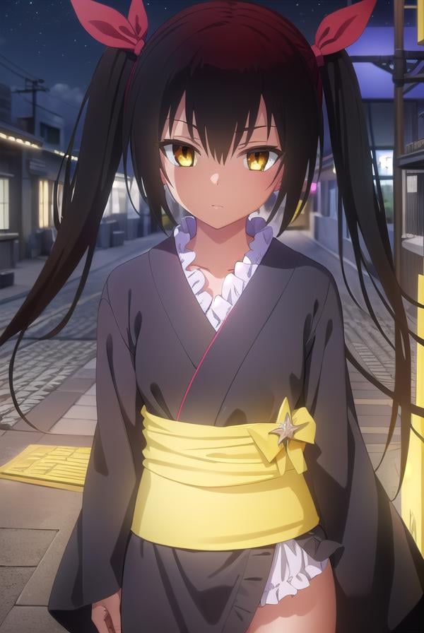 nemesis, <lora:nemesis darkness-lora-nochekaiser:1>,nemesis, long hair, black hair, ribbon, twintails, hair ribbon, (yellow eyes:1.5), dark skin, dark-skinned female,BREAK japanese clothes, kimono, obi, wagashi, long sleeves, wide sleeves,BREAK outdoors, night, city, sky, moon, clouds, star \(sky\),BREAK looking at viewer, (cowboy shot:1.5),BREAK <lyco:GoodHands-beta2:1>, (masterpiece:1.2), best quality, high resolution, unity 8k wallpaper, (illustration:0.8), (beautiful detailed eyes:1.6), extremely detailed face, perfect lighting, extremely detailed CG, (perfect hands, perfect anatomy),