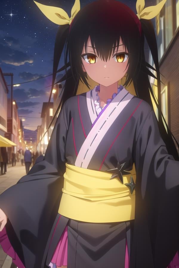 nemesis, <lora:nemesis darkness-lora-nochekaiser:1>,nemesis, long hair, black hair, ribbon, twintails, hair ribbon, (yellow eyes:1.5), dark skin, dark-skinned female,BREAK japanese clothes, kimono, obi, wagashi, long sleeves, wide sleeves,BREAK outdoors, night, city, sky, moon, clouds, star \(sky\),BREAK looking at viewer, (cowboy shot:1.5),BREAK <lyco:GoodHands-beta2:1>, (masterpiece:1.2), best quality, high resolution, unity 8k wallpaper, (illustration:0.8), (beautiful detailed eyes:1.6), extremely detailed face, perfect lighting, extremely detailed CG, (perfect hands, perfect anatomy),