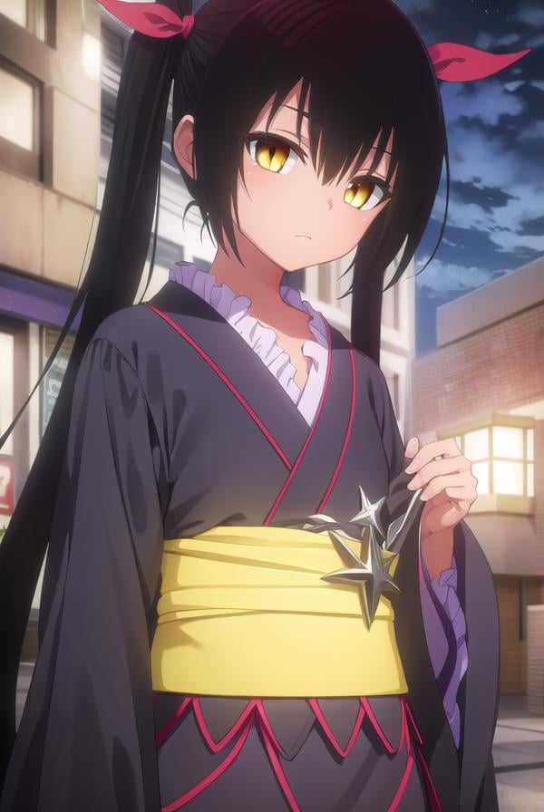 nemesis, <lora:nemesis darkness-lora-nochekaiser:1>,nemesis, long hair, black hair, ribbon, twintails, hair ribbon, (yellow eyes:1.5), dark skin, dark-skinned female,BREAK japanese clothes, kimono, obi, wagashi, long sleeves, wide sleeves,BREAK outdoors, night, city, sky, moon, clouds, star \(sky\),BREAK looking at viewer, (cowboy shot:1.5),BREAK <lyco:GoodHands-beta2:1>, (masterpiece:1.2), best quality, high resolution, unity 8k wallpaper, (illustration:0.8), (beautiful detailed eyes:1.6), extremely detailed face, perfect lighting, extremely detailed CG, (perfect hands, perfect anatomy),