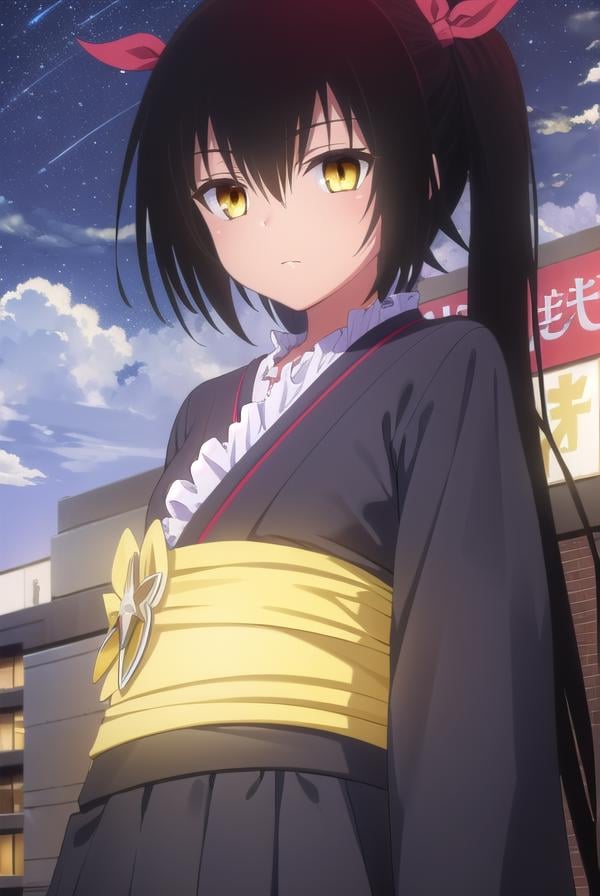 nemesis, <lora:nemesis darkness-lora-nochekaiser:1>,nemesis, long hair, black hair, ribbon, twintails, hair ribbon, (yellow eyes:1.5), dark skin, dark-skinned female,BREAK japanese clothes, kimono, obi, wagashi, long sleeves, wide sleeves,BREAK outdoors, night, city, sky, moon, clouds, star \(sky\),BREAK looking at viewer, (cowboy shot:1.5),BREAK <lyco:GoodHands-beta2:1>, (masterpiece:1.2), best quality, high resolution, unity 8k wallpaper, (illustration:0.8), (beautiful detailed eyes:1.6), extremely detailed face, perfect lighting, extremely detailed CG, (perfect hands, perfect anatomy),