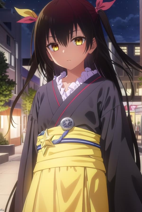 nemesis, <lora:nemesis darkness-lora-nochekaiser:1>,nemesis, long hair, black hair, ribbon, twintails, hair ribbon, (yellow eyes:1.5), dark skin, dark-skinned female,BREAK japanese clothes, kimono, obi, wagashi, long sleeves, wide sleeves,BREAK outdoors, night, city, sky, moon, clouds, star \(sky\),BREAK looking at viewer, (cowboy shot:1.5),BREAK <lyco:GoodHands-beta2:1>, (masterpiece:1.2), best quality, high resolution, unity 8k wallpaper, (illustration:0.8), (beautiful detailed eyes:1.6), extremely detailed face, perfect lighting, extremely detailed CG, (perfect hands, perfect anatomy),