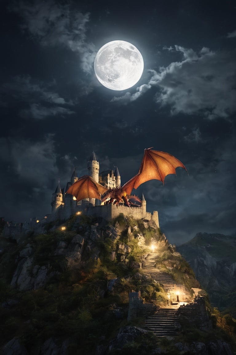 a dragon flying on sky ,a castle on mountaintop,fullmoon,night,Glowing ambiance, enchanting radiance, luminous lighting, ethereal atmosphere, evocative hues, captivating coloration, dramatic lighting, enchanting aura, masterpiece, best quality, epic cinematic, soft nature lights, rim light, amazing, hyper detailed, ultra realistic, soft colors, deep shadow, photorealistic, Ray tracing, Cinematic Light, light source contrast, xts,