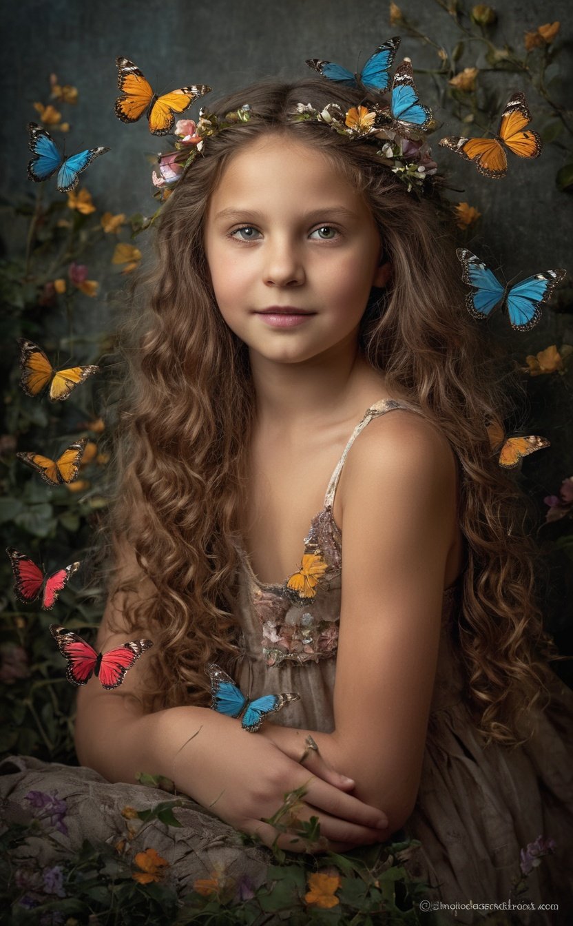  A stunning photograph capturing the beauty of a young girl as butterflies gracefully dance around her. The art form is reminiscent of a realistic portrait, showcasing the exquisite details and textures of the subject. The girl, with her radiant smile and flowing hair, stands amidst a serene backdrop. The vibrant butterflies, with their vivid colors and delicate wings, add a touch of enchantment to the scene. The lighting highlights the girl's features, casting soft shadows and creating a sense of depth. The overall result is a breathtaking image that captures the essence of beauty and nature, evoking a sense of wonder and awe.