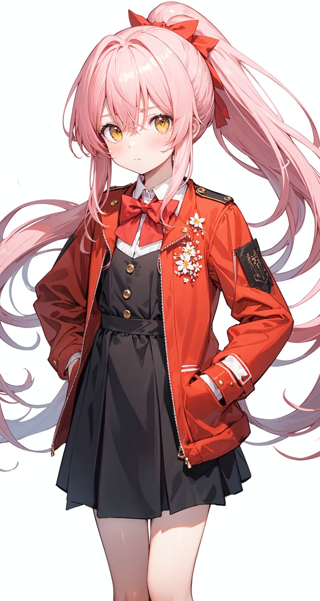  (best quality), ((masterpiece)), (highres),standing,original, extremely detailed wallpaper, (an extremely delicate and beautiful),(loli：1.2),(petite:1.2),Pink hair,Yellow eyes, (red Jacket),high ponytail,white collared shirt,hair flower,fipped hair,floating hair,Frown,hands in pockets,black dress,red bowtie,(solo),cozy anime,houtufeng