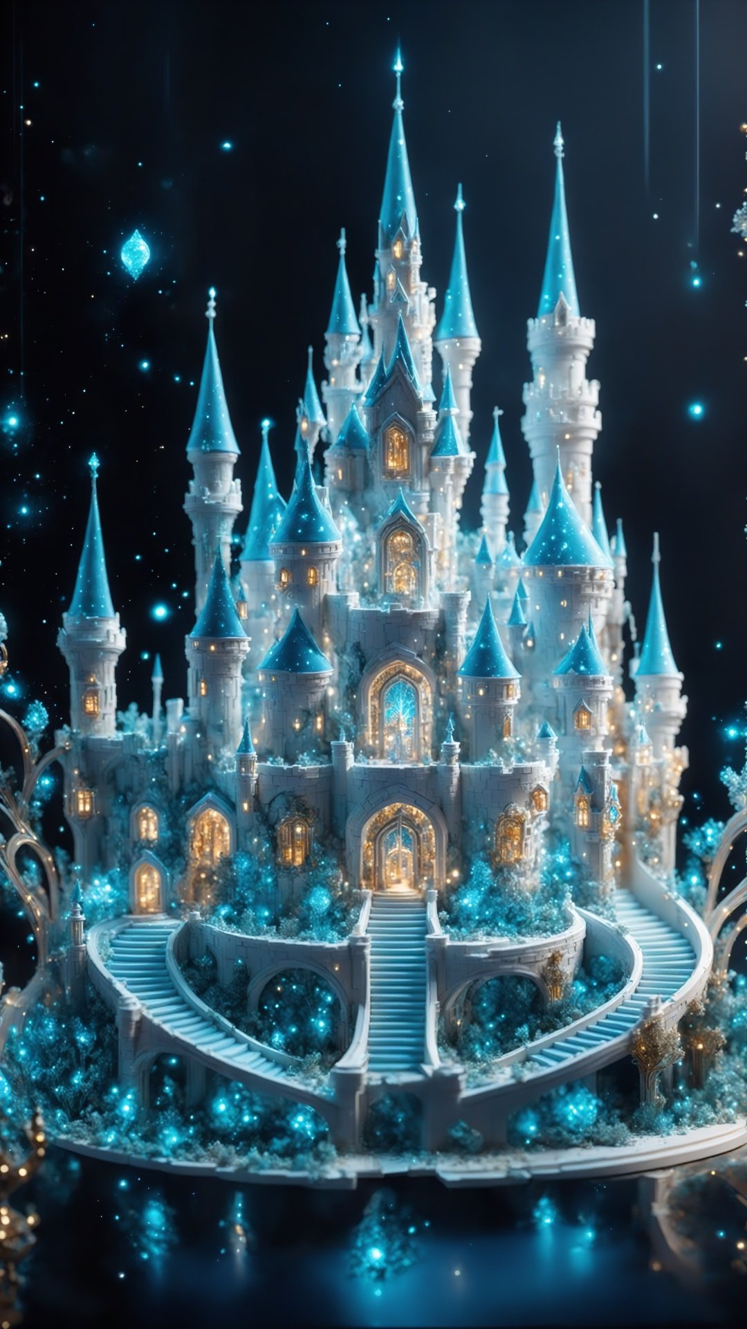 (Fantasy Style: 1.5) Object Perspective (Fantasy Architectural World) (Intricate Details) Curved and elegant lines appear to be performing a unique dance-like performance around the miniature magic castle. These lines are intertwined and intertwined, creating a dreamy geometric beauty, adding an abstract and artistic atmosphere to the entire scene.