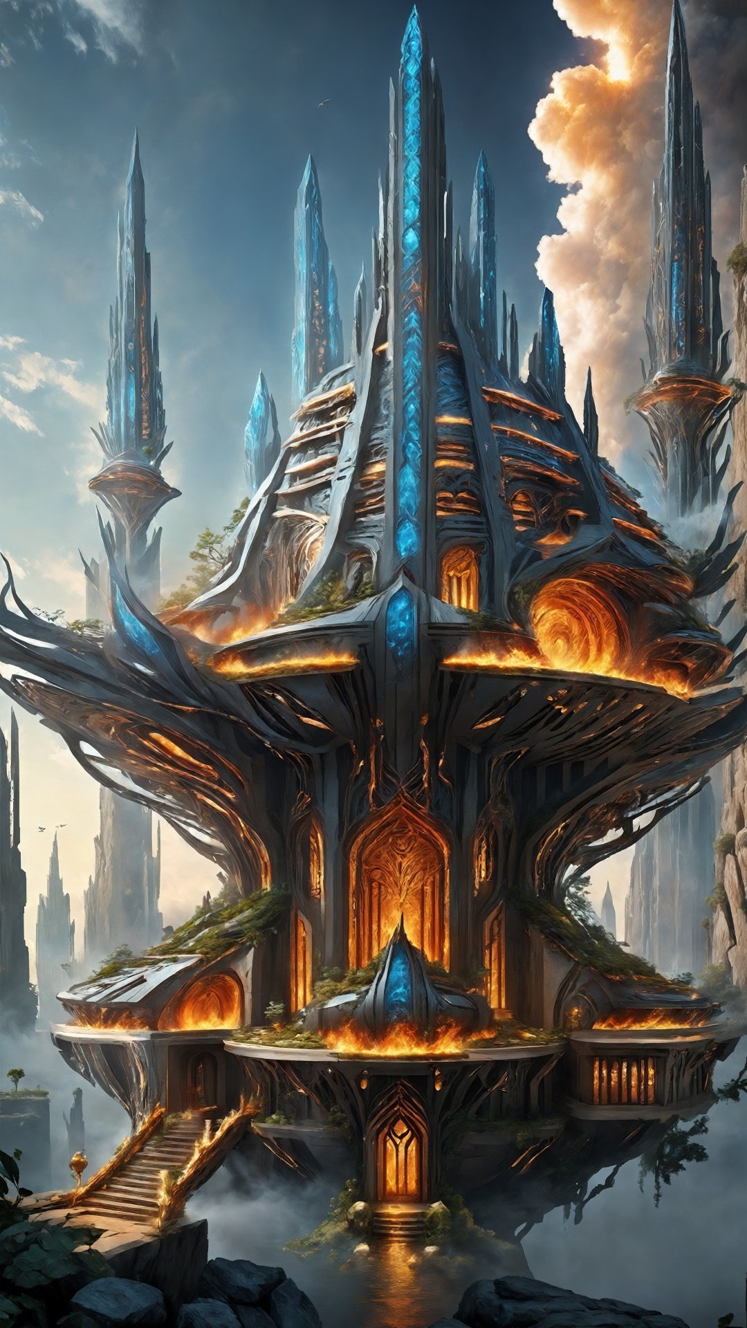 (Fantasy Architectural Style) (Fantasy Scene) (Advanced Color Art) (Architectural Art) (Intricate Details) This fantasy building is composed of flying flames, drifting water droplets, rotating wind blades and suspended earth and stone. Each spire represents a natural element that intertwines within and outside the building to create a dynamic and mysterious spectacle. These buildings embody the power of the elements and seem to be the abodes of nature's gods