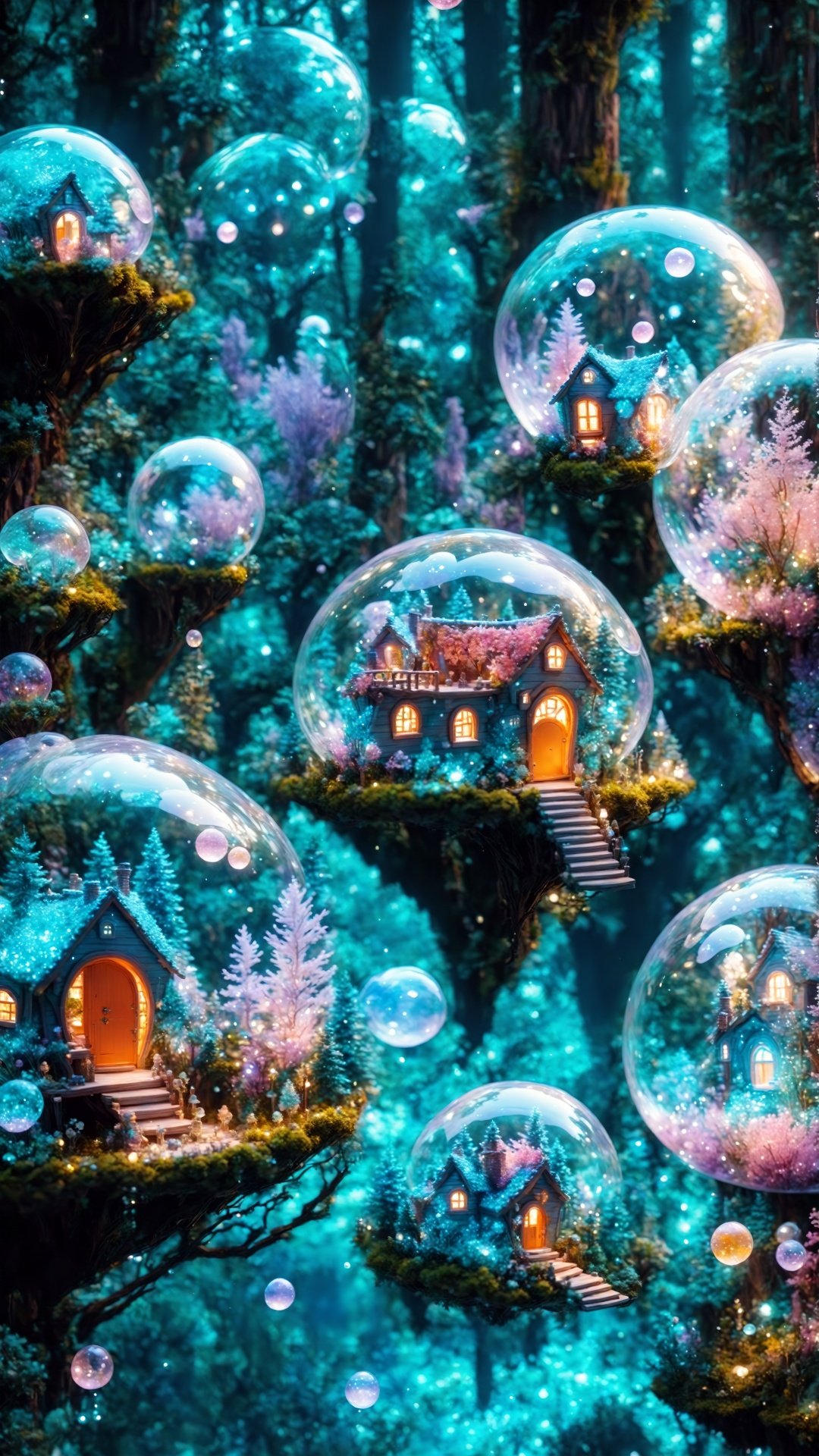 (Fantasy Style: 1.5) (Fantasy World) (Complex Details) Deep in the Bubble Forest, there is a group of miniature bubble houses hidden, each of which is made of crystal bubbles. These huts float in the air like a fairyland, adding a fairy-tale color to this wonderful bubble forest.