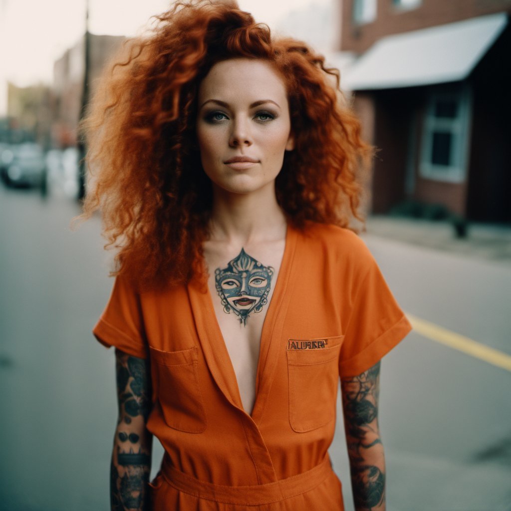 portrait of a  woman in a orange jumpsuit standing on a street, auburn curly hair, tribal face tatoo, analog film still <lora:dazr3pl1ca_001_SDXL1_ada:1>